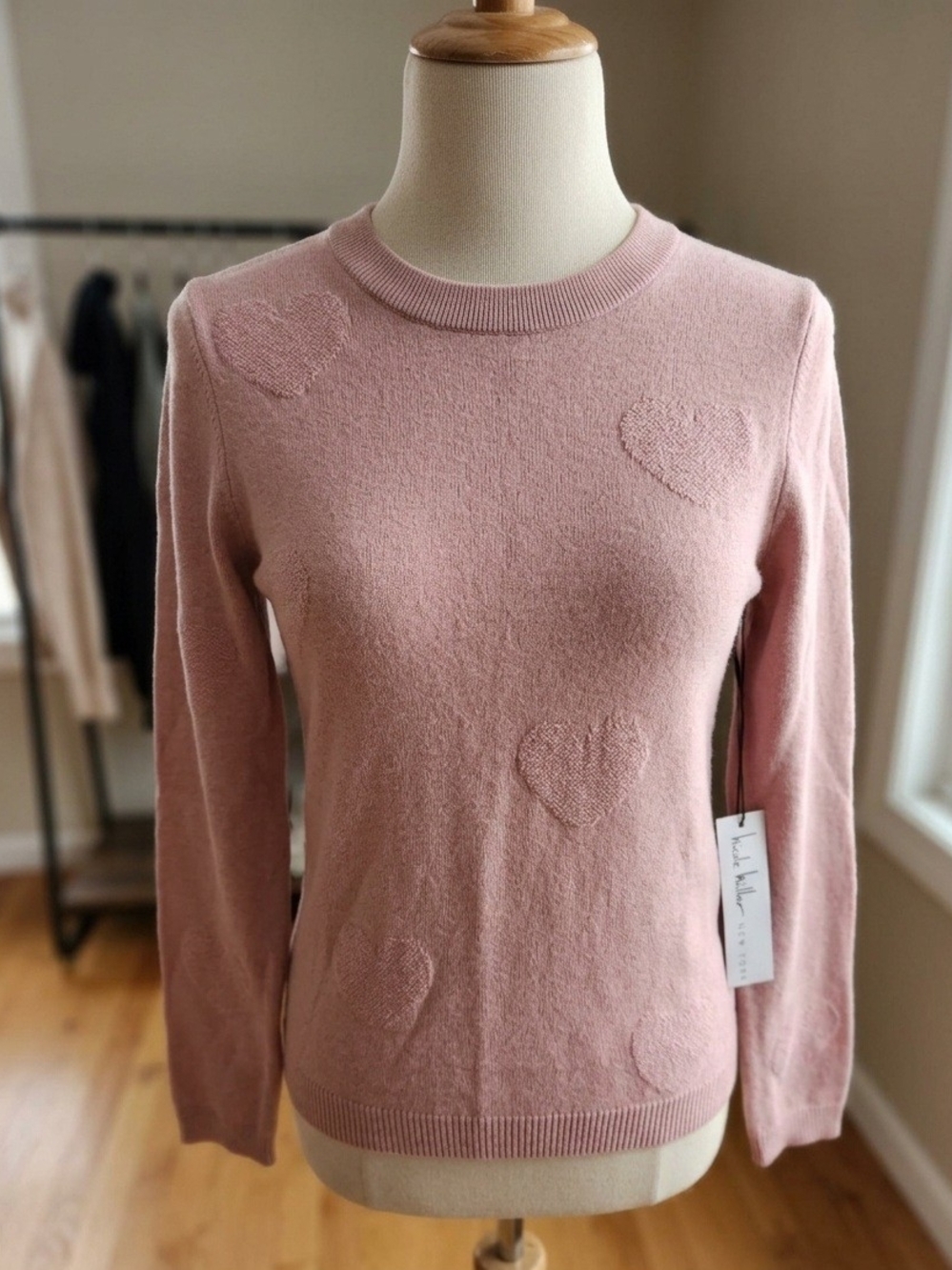 NWT Nicole Miller New York Pink Chenille Heart Crewneck Knit Sweater Size Small